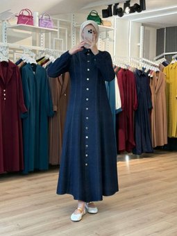 Lacivert Boydan Dikiş Detaylı Deri Kemerli Denim Kot Elbise