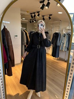 Siyah Kemeri Tokalı Prenses Kollu Testtür Kot Elbise