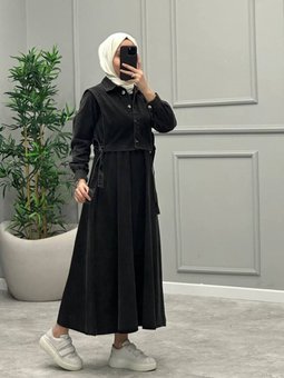 Siyah Yanları Bağlamalı Yelekli Kot Elbise