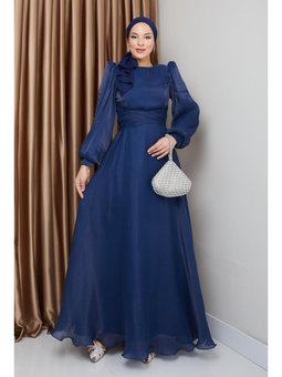 Çapraz Kuşaklı Yoryo İpek K. İndigo Abiye Elbise