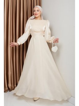 Çapraz Kuşaklı Yoryo İpek Krem Abiye Elbise