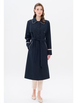 Gömlek Yaka Biye Ve Pelerin Detaylı Büyük Beden Lacivert Trençkot