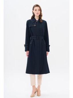 Gömlek Yaka Dikiş Detaylı Büyük Beden Lacivert Trençkot