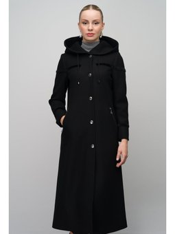 Kapüşonlu Çıt Kapamalı Yün Karışımlı Uzun Siyah Kap