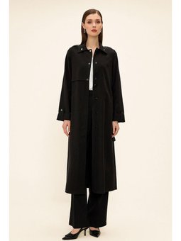 Kontrast Dikiş Detaylı Astarsız Modal Siyah Trençkot