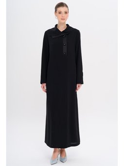 Saten Garnili Düğmeleri Taşlı Astarlı Büyük Beden Siyah Pardesü