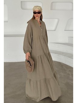 Yarasa Kol Düğme Detaylı Müslin Salaş E Elbise Haki