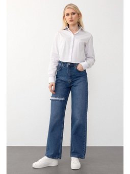 Yüksek Bel Geniş Paça Yırtık Jean Mavi Pantolon