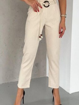 Bej Halka Tokalı Kemerli Yüksek Bel Yazlık Pantolon