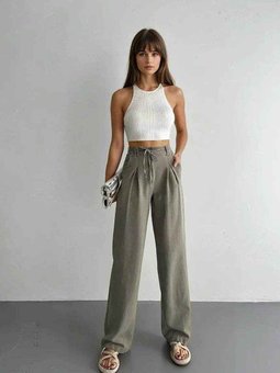Haki Keten Bağlamalı Arkası Lastikli Palazzo Pantolon