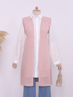 Ajurlu Ponponlu Araboy Triko Pudra Yelek