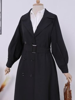 Balon Kol Tokalı Kemerli Yan Cepli Siyah Trençkot