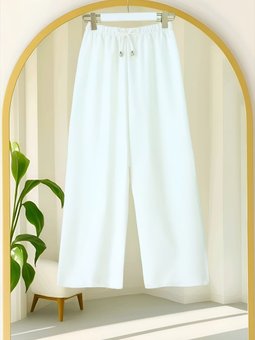 Beli Lastikli Bağcık Detaylı Bol Paça Sofya Keten Beyaz Pantolon