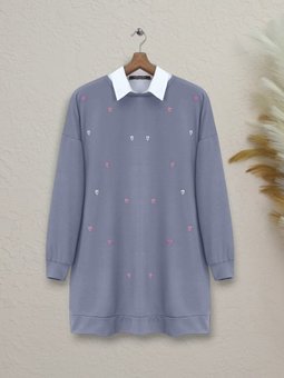 Bisiklet Yaka Kalp İşlemeli Yırtmaçlı Gri Tunik