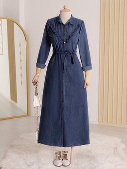 Boydan Düğmeli Beli Bağlamalı Kot İndigo Elbise
