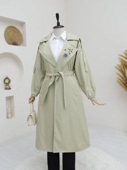 Broşlu Detaylı Balon Kol Taş Trençkot