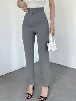 Cep Detaylı Yüksek Bel Gri Pantolon