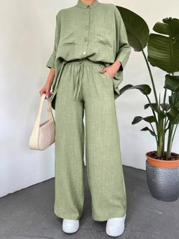 Çift Cepli Yarım Yarasa Kol Salaş Gömlek Haki Takım