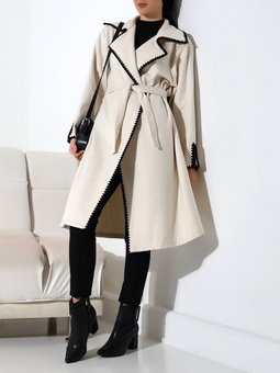 Ekru Çoban Dikiş Belden Bağlamalı Kaşe Kaban