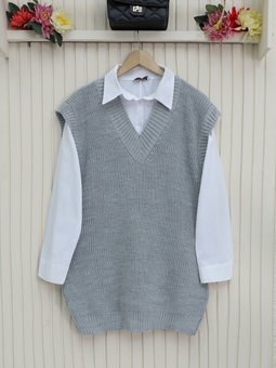 Gri V Yaka Geniz Ribanalı Prinç Örme Uzun Süveter