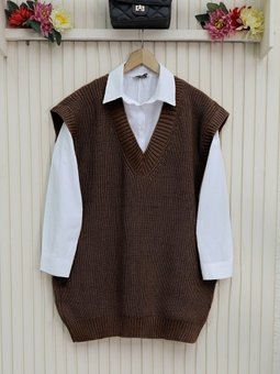 K. Kahve V Yaka Geniz Ribanalı Prinç Örme Uzun Süveter