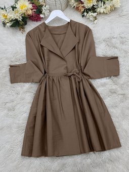 Kahve Yan Bağcıklı Kol Manşeti Yırtmaçlı Kimono