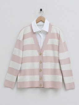 Kalın Çizgili Araboy Triko Pembe Hırka