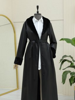 Kolu Ve Yakası Peluşlu Bağcıklı Deri Siyah Pardesü