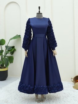 Laci Eteği Ve Kolları Gül Detaylı Saten Abiye Elbise