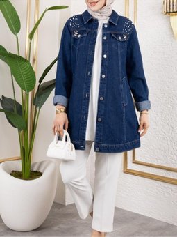 Laci Taş İşlemeli Yıkamalı Kot ceket