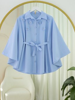 Mavi Önü Çiçek Detaylı Beli Bağcıklı Düğmeli Panço