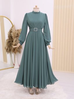 Mint Kemeri Taşlı Önü Pileli Abiye Elbise