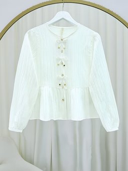 Önü Fiyonk Detaylı Düğmeli Kolu Lastikli Beyaz Bluz