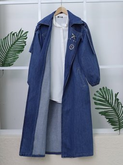 Önü Taş Detaylı Beli Bağcıklı Kot Mavi Trençkot