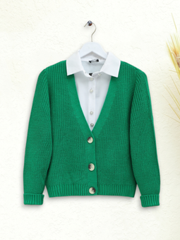 Örgü Desen Düğmeli Yeşil Hırka