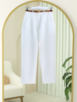Pileli Cepli Kemerli Bilek Beyaz Pantolon