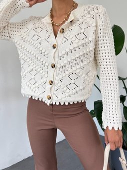 Ponponlu Ajurlu Düğmeli Ekru Hırka