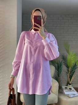 Pudra Güpür Püsküllü Ham Keten Balon Kol Gömlek