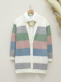 Renkli Çizgili Fitilli Triko Pudra Hırka