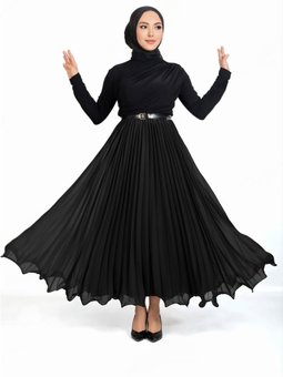 Volanlı Beli Lastikli Şifon Pliseli Siyah Etek