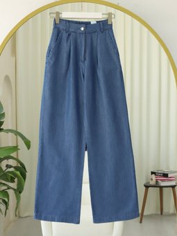 Yarım Lastikli Çift Cepli Bol Paça Koyu Mavi Kot Pantolon