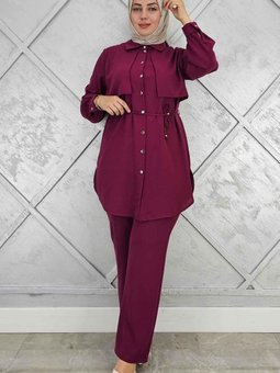 Bordo Beli Bağcıklı İkili Takım