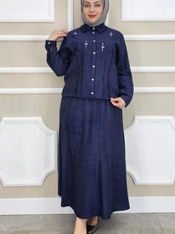 Lacivert Taş Detaylı Gömlek Etek İkili Takım