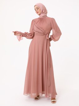 Yoryo Şifon Gul Kurusu Abiye Elbise