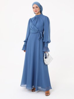 Yoryo Şifon İndigo Abiye Elbise