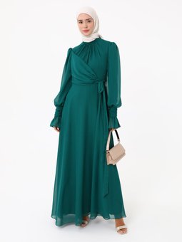 Yoryo Şifon Zümrüt Yeşili Abiye Elbise