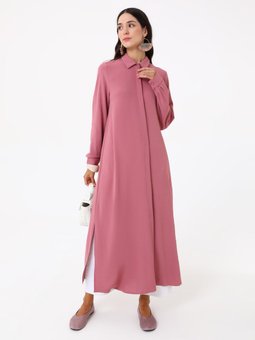 Aerobin Boydan Düğmeli Uzun Koyu Gul Tunik