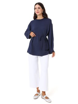 Beli Bağlama Detaylı Tunik Etek İkili Lacivert Takım