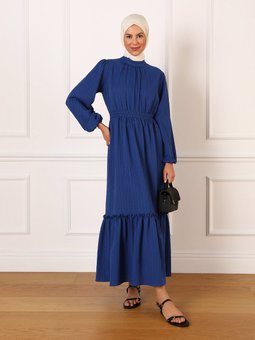 Danteli Dantel Detaylı Balon Kollu Lacivert Elbise