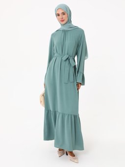 Kolları Volan Detaylı Kuşaklı Çağla Elbise